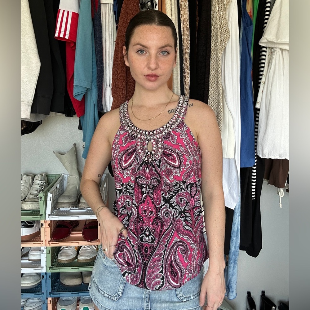 INC International Concepts Pink Paisley Beaded Halter Top